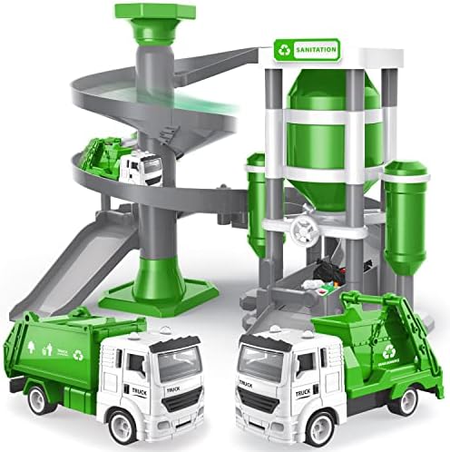 Car Garage Toy - Car Tracks for Boys with 2 Recycling Trucks, 21 Pcs Kids Toy Car Ramp Rescue Station with Building Instructions, for Toddlers Boys Girls 3+
