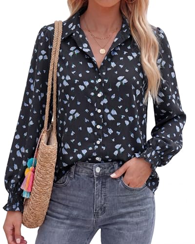 BTFBM Long Sleeve Blouses for Women, Floral V Neck Button Down Shirts, Smocked Cuffs, Business Casual Summer Outfits 2026(Floral Black Blue, Medium) — view 2