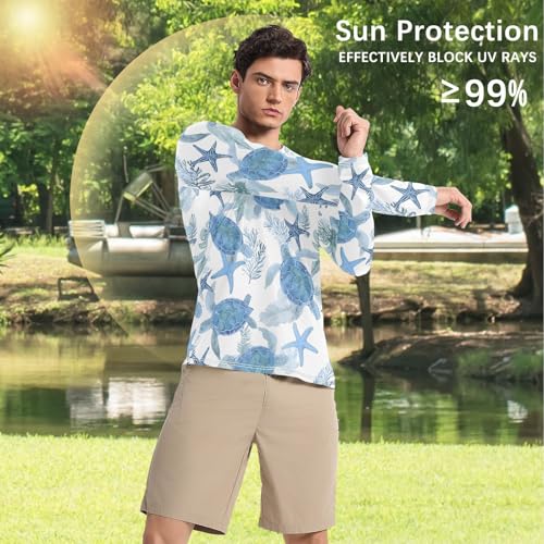 Mens UV Protection Shirts Rash Guard Long Sleeve UPF 50+ Beach Coastal Turtles Quick Dry S4