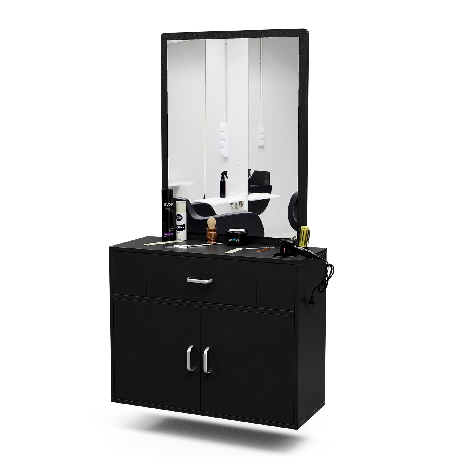 Belandi Wall Mount Salon Station Barber Stations Styling Station with Mirror Drawer Storage Cabinet Spa Salon Equipment(Black)