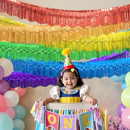 Image of LOLStar Rainbow Foil Fringe Tinsel Garland, Streamers Banner, 6 Pack | 60Ft Tinsel Streamers, Shiny Rainbow Tinsel Fringe Banners for Birthday, Pride Month, Parade Floats, Wedding Decor