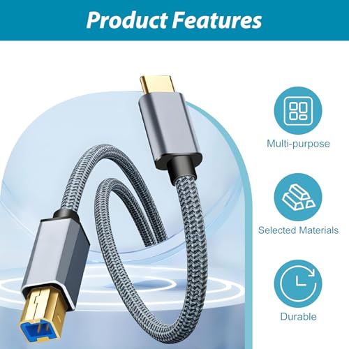 Lotnery USB B to USB C Printer Cable 3 Metre, Type B 2.0 to C Scanner Cord Braided, Nylon Data Lead Compatible with HP, Canon, Epson, Yamaha Casio Digital Piano MIDI Controller DJ Controller Black - Image 5