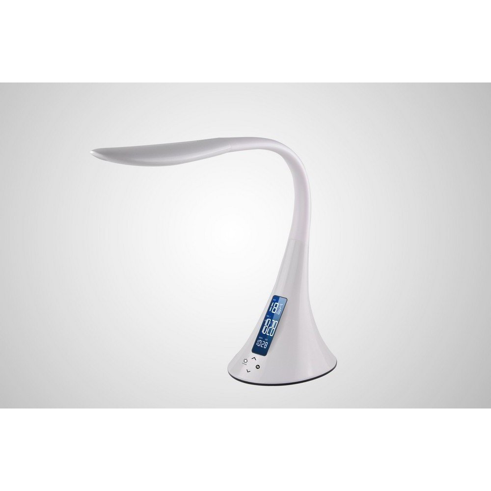 Majestic LL 406 - Lampada LED braccio flessibile in silicone, display con sveglia ora temperatura calendario, doppia USB per ricarica smartphone, Bianco