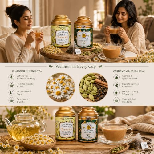 Image of Sancha Tea Boutique, Combo Pack: Chamomile Herbal (50g) & Cardamom Chai (25 Pyramid Bags), Elaichi Masala Blend with Real Ingredients