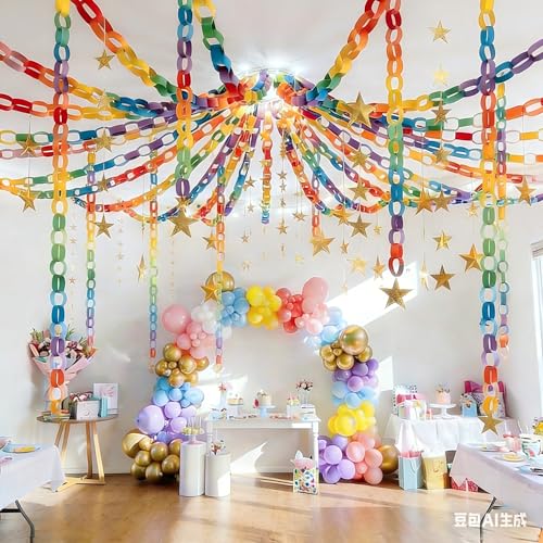 Rainbow Paper Chain Strips and Mirror Star Garland with Double Sided Tape, Chains Garland Kit for Birthday School Festival Party Decor, Pre Cut Construction Paper Strips (500, 1×8.27 inches)