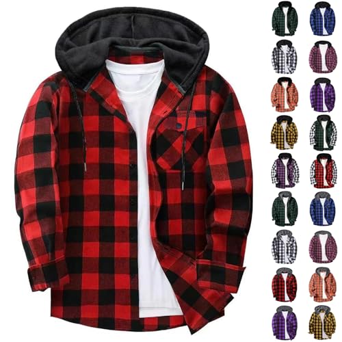 Mens Plaid Button Down Hooded Shirt Jacket Casual Long Sleeve Checkered Hoodie Top for Fall Preppy School Streetwear