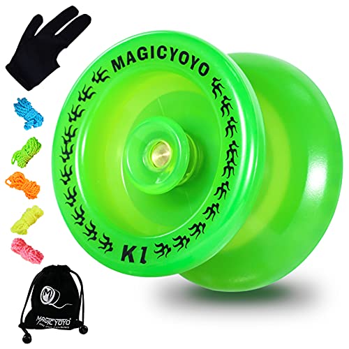 MAGICYOYO Responsive Yoyo K1-Plus Glow in The Dark, Durable Plastic Yoyo for Beginner Kids, Hubstack Basic Yoyo with Narrow C Ball Bearing and Extra 5 Yoyo Strings+ Glove+Yoyo Sack Gift (Glow Green)