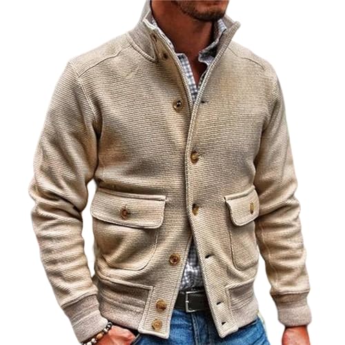 Mens Long Sleeve Stand Collar Button Up Cardigan Jacket Slim Fit Casual Coat Single Breasted with Button Pockets