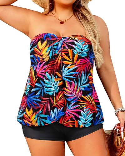 Image of Daci Plus Size Bandeau Tankini Swimsuit for Women 2 Piece Halter Swim Top with Shorts Tummy Control Bathing Suits