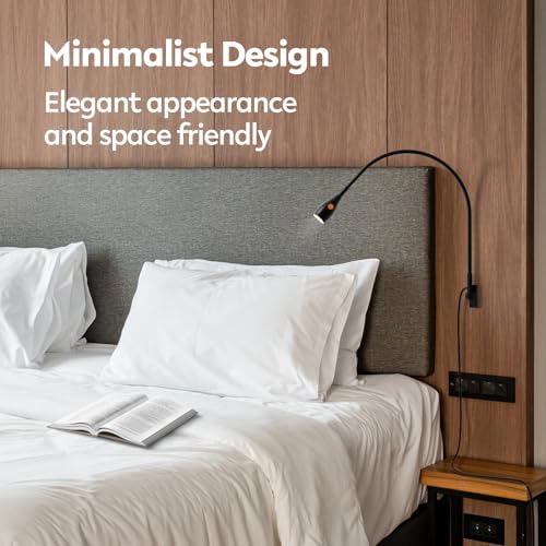 acegoo LED Leselampe Bett Vollmetall, Dimmbar Schwanenhals Lampe 3000K/Bernstein, Wandmontage Schwarz mit Schalter Flexible, Drehbarer Leuchtenkopf für Buch Schlafzimmer (1 pack)
