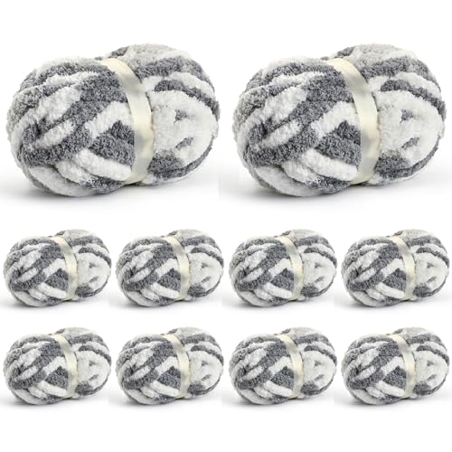 Image of 10 Pack Jumbo Chunky Yarn for Hand Knitting, Fluffy Chunky Chenille Yarn for Crocheting, Variegated Chunky Knit Baby Blanket Yarn, 240 yds /70.5 oz Super Bulky Yarn(White- Grey)