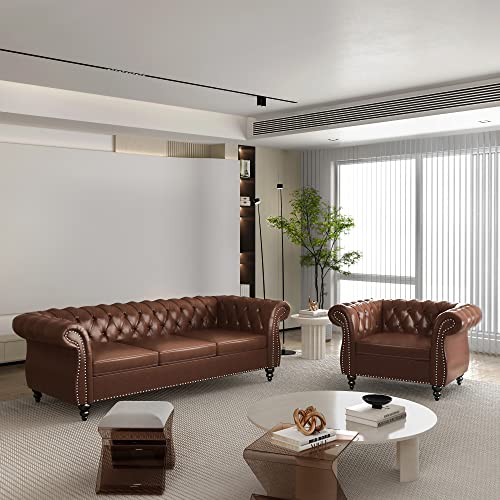 Image of QHITTY 2 Piece Living Room Set, Sectional Chesterfield Sofa Chair Contemporary Upholstered Leather Loveseat Couch Sets for Living Room, Bedroom, Office
