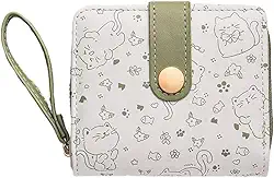 Carteira de couro com tema de gato para mulheres, minimalista, pequena e fofa, porta-moedas com janela para identidade, marrom, porta-cartões de crédito Kawaii, para meninas, senhoras, viagens, Verde