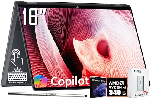 HP OmniBook X Flip 2-in-1 Copilot+ AI PC Laptop, 16" 2K Touchscreen, AMD 6-Core Ryzen AI 5 340(>Intel i5-13420H), 16GB LPDDR5X, 1TB SSD, 5MP IR Webcam, Backlit KB, W/128GB PSD&Stylus, Win11 PRO