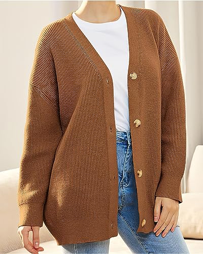 Image of ebossy Women's Open Front Knit Cardigan Casual Long Sleeve Oversized Button Lightweight Sweater Outwear (XS, Brown)