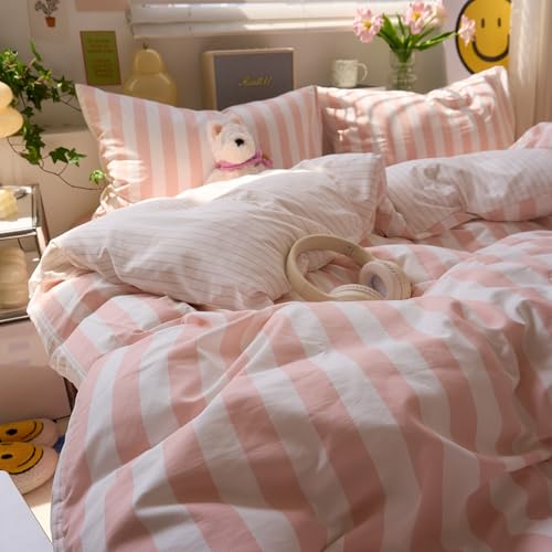 Image of EAVD Retro Pink Vertical Striped Duvet Cover Full Soft Washed Microfiber Boho Pink and White Striped Bedding Set with 2 Pillowcases Farmhouse Reversible Geometric Duvet Cover with Zipper Closure