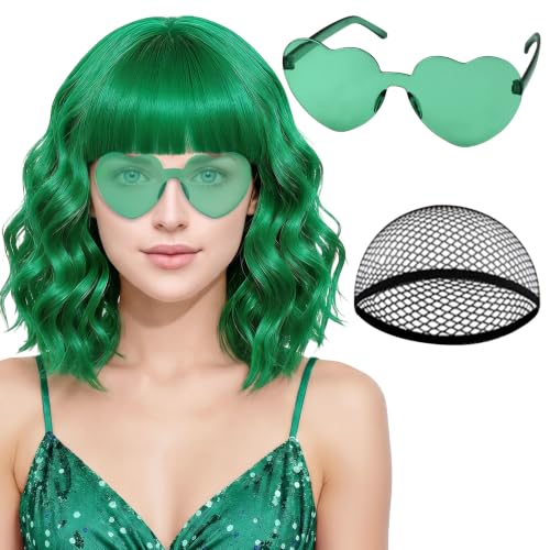 PLULON Green Wavy Bob Wigs with Bangs Heart Sunglasses Hair Cap for Women Colored Synthetic Hair Short Bob Loose Curly Shoulder Length Wigs for Costume Bachelorette Party Music Festival