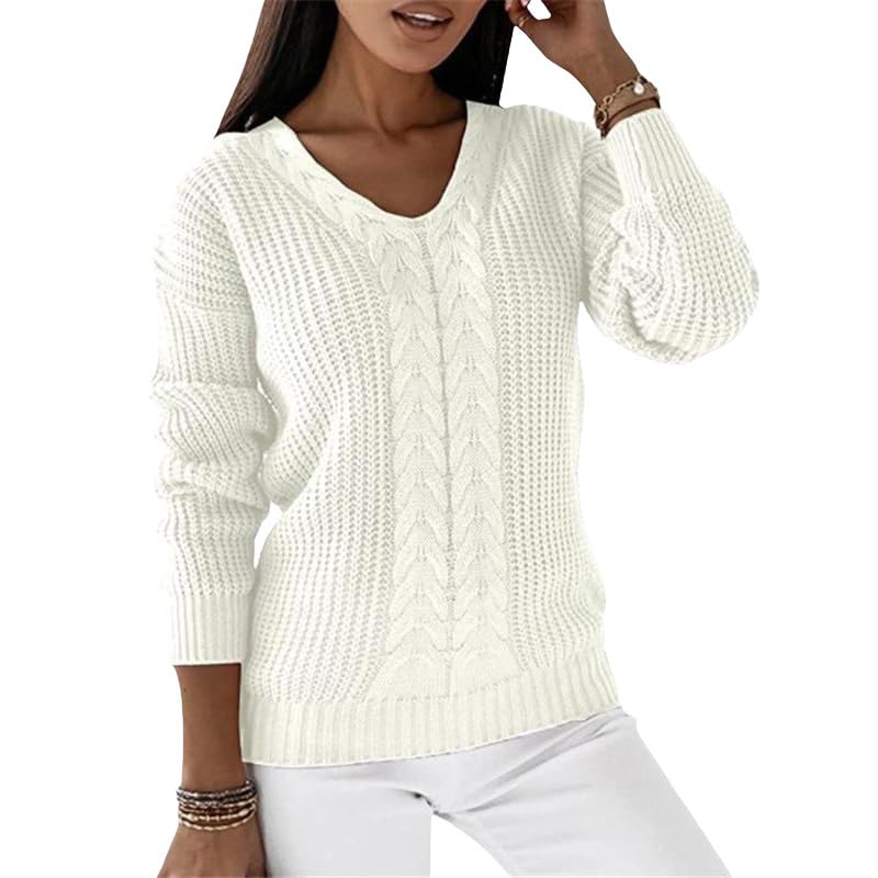 Womens V Neck Cable Knit Sweater with Long Sleeves Mid Weight Fitted Casual Solid Pullover Knitted Tops