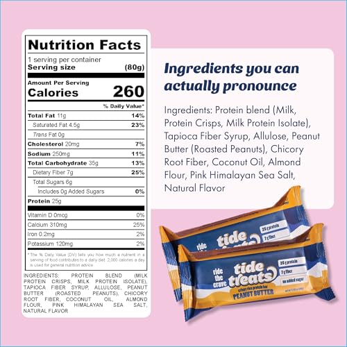 Image of Tidetreats Crispy Rice Peanut Butter Protein Bars - High Protein Snack with 25g Protein, Low Sugar, 7g Fiber, Gluten Free, Clean Ingredients - Healthy Energy Bars - 8 Count | 25g Protein, Low Sugar, 7g Fiber, Gluten Free, Clean Ingredients