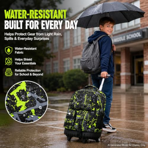 Image of CCJPX 3Pcs Rolling Backpack for Boys, Roller Wheeled School Bookbag, Graffiti Wheels Backpacks with Lunch Box for Kids (Green)