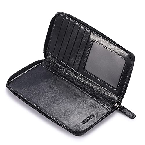 Image of HISCOW Leather Checkbook Cover, Zippered Wallet, Antiqued Black | Full grain cowhide, 5cc & ID window, personal check book & register pockets, removable duplicate divider, women secure zipper