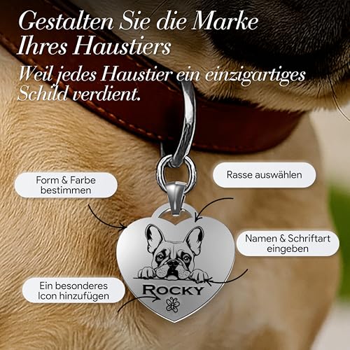 Personalisierte Hundemarke – 52 Hunderassen Vorlagen – Herzförmige, Wasserdichte Identifikationsmarke für Hunde