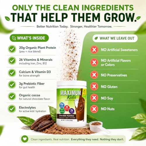 Image of Maximum Kids Complete Organic Powder Mix. Great Tasting, Easy to use, Complete Nutritional Drink with 26 Vitamins and Minerals, 20g of Plant Protein, 3g of Fiber. Kid Tested. Parents Approved.