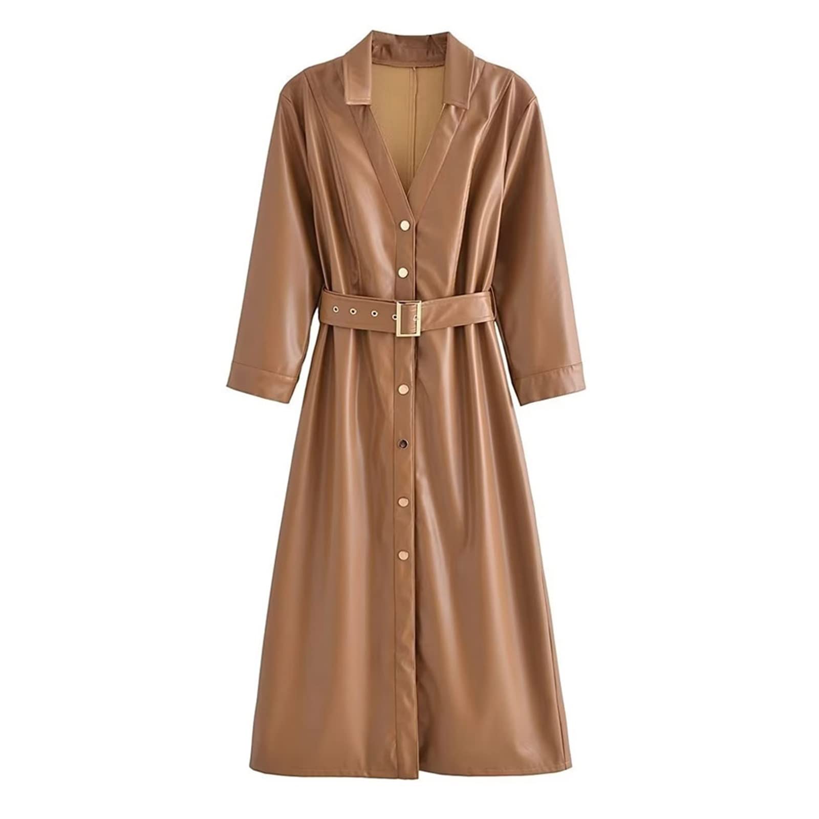 TOUBE Long Dresses for Women Summer Women With Belt Faux Leather Dress  Three Quarter Sleeve Snap-button Female Dresses (Color : Brown, Size : M) :  Buy Online at Best Price in KSA -
