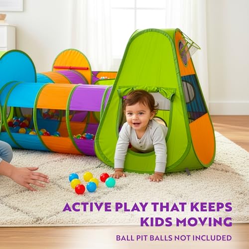 Image of Playz 5-Piece Kids Pop up Play Tent Crawl Tunnel and Ball Pit with Basketball Hoop Playhouse for Boys, Girls, Babies, and Toddlers (Purple, Orange, Yellow, Red, Blue)