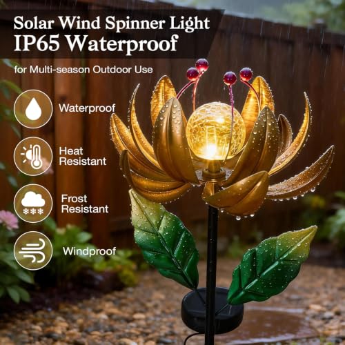 Image of Garden Decor for Outside Solar Wind Spinners for Yard-Metal Lotus Flower Windmills LED Crackle Glass Globe Outdoor Garden Decor Yard Art Lawn Ornament