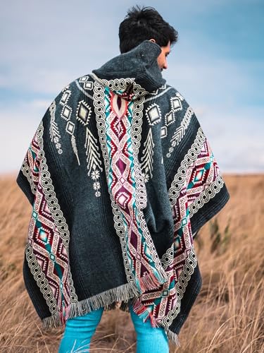 Image of Alpaca Mens Poncho with Hood - Cowboy Serape Western Poncho - Clint Eastwood Poncho for Men - Ecuadorian Cloak with Hood Men