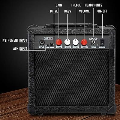 LyxPro Electric Guitar Amp 20 Watt Amplifier Built in Speaker Headphone Jack and Aux Input Includes Gain Bass Treble Volume and Grind - Black