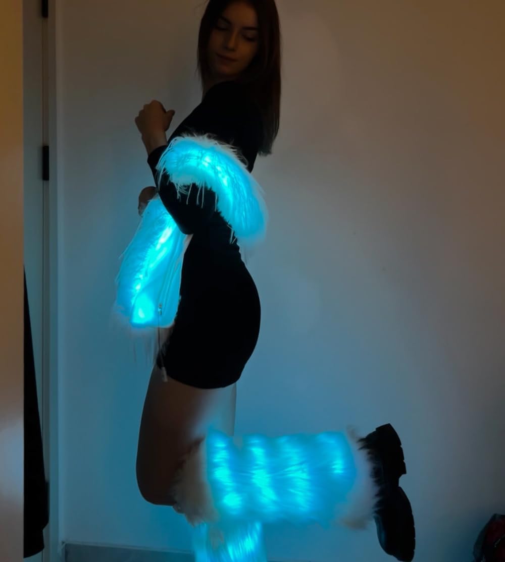 Led Fur White Leg Warmer Covers Light Up Furry Costume Rave Outfit for Women Dance Faux Fur Furry Novelty EDM Rave Accessories Music Events Party Burning Man