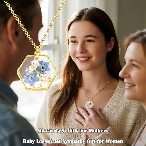 Image of Miscarriage Gifts for Mothers, Forget Me Not Pressed Flowers Necklace, Baby Loss Grief Sympathy Gift for Women, Child Loss Memorial Gifts Jewelry