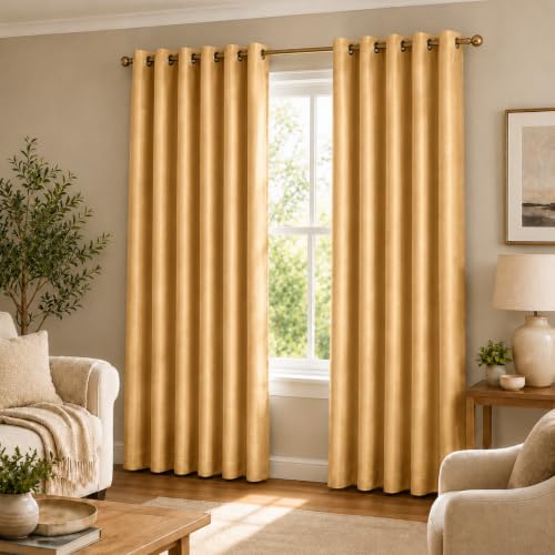 Image of Polyester Eyelet Door Curtain, Solid Plain Light Filtering Curtain for Bedroom, Living Room & Home Office, 7 Feet (84 x 48 Inch), Gold, Pack of 2