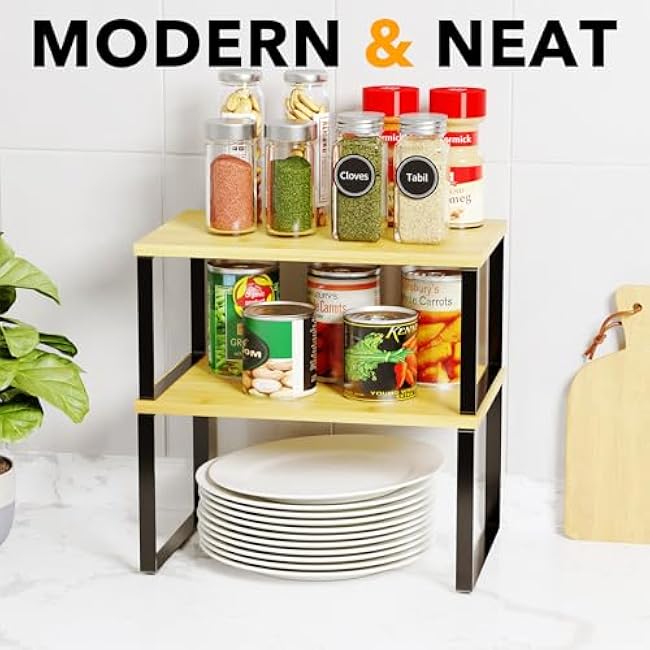 SpaceAid Cabinet Shelf Organizers 2 Pack, Kitchen Counter Rack Shelves Riser, Stackable Expandable Spice Rack, Pantry Cupboard Storage Organization (Black and Natural, Short)