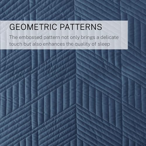 Exclusivo Mezcla Ultrasonic Twin Quilt Bedding Set, Lightweight Navy Blue Bedspreads Soft Modern Geometric Coverlet Set for All Seasons (1 Quilt and 1 Pillow Sham)