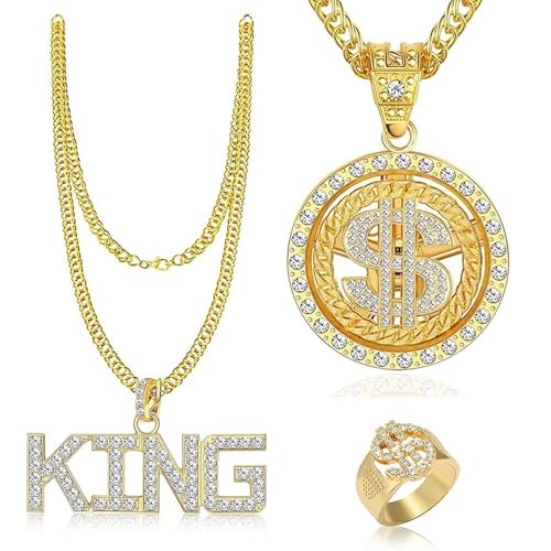 LongZYU 3 Stück Dollar & King Kette Dollarzeichen Ring Hip Hop Kostüm Set...
