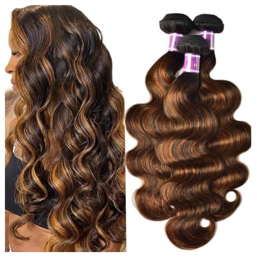 UNice Brown Highlight Body Wave Human Hair Weave 3 Bundles 8 10 12 inch, Brazilian Remy Hair Ombre Blonde Human Hair Wavy Weaves Sew in Piano Color TFB30