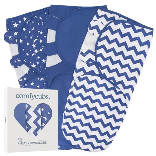 Image of Comfy Cubs Easy Swaddle Blanket, 3 Pack - 100% Cotton Newborn Wrap, Small for 0-3 Months Infants, with Adjustable Velcro, Breathable and Durable Sleep Sack for Babies - Dark Blue