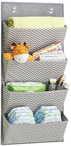 mDesign Soft Fabric Wall Mount/Over Door Hanging Storage Organizer - 4 Large Pockets for Child/Kids Room or Nursery, Hooks Included - Chevron Zig-Zag Print - Gray/Cream