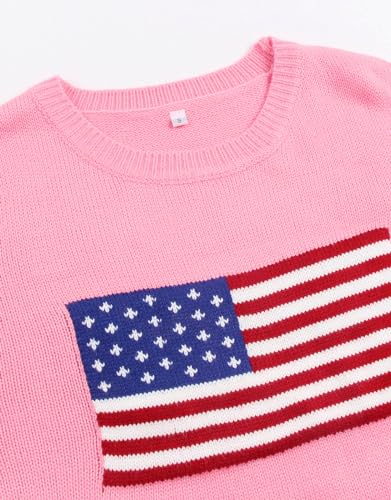 Image of Womens American Flag Sweater Long Sleeve Crew Neck Knitted Casual Pullover Sweater (Pink, X-Large)