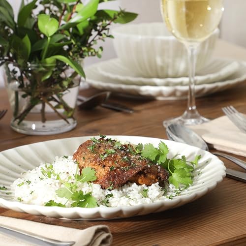 Image of Gibson Elite Peach Orchard 12-Piece New Bone China Dinnerware Set Service for 4, Embossed Fluted Plates and Bowls, Dishwasher and Microwave Safe, Cream White