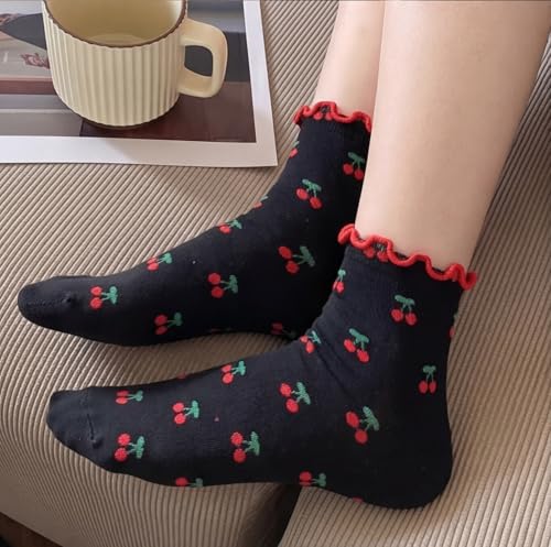 Image of Women's Cute Crew Socks, Casual Athletic Cotton Bowknot Cherry Calf Novelty Socks for Women