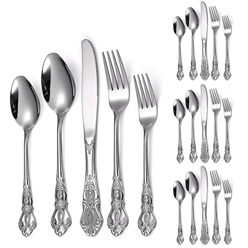 A · HOUSEWARE Retro Royal Silverware Silver Flatware Set for 4 Stainless Stainless Forks Spoons Knives 20 Pieces Retro Kitchen Utensils Restaurant Home and Festival Parties Durable