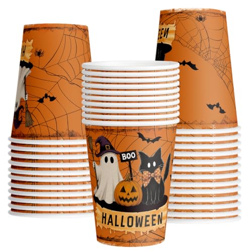 Litmitfu 30 Pcs Halloween Paper Cups - Orange Halloweens Disposable Heavy Duty Cups, Cute Black Cat Ghost Pumpkin Pattern Cup for Halloween Themed Party Decorations Supplies, 9 oz - image 1