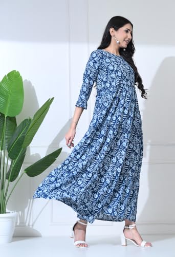 Image of Amazon Brand - Tavasya Women Botanical Floral Printed Maternity Midi Dress | Round Neck | 3 /4 Ruffle Sleeves | Concealed Feeding Zip | Gathered Tiered Nursing Dress