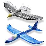 2 Pack Airplane,LED Light＆Eagle Airplane.17.5" Large Throwing Foam Plane,2 Flight Mode Glider Plane