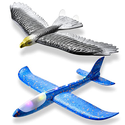 2 Pack Airplane,Led Light＆Eagle Airplane.17.5" Large Throwing Foam Plane,2 Flight Mode Glider Plane,Flying Toy For Kids,Gifts For 3 4 5 6 7 8 9 Years Old Boy,Outdoor Sport Toys Birthday Party Favors #TOP6