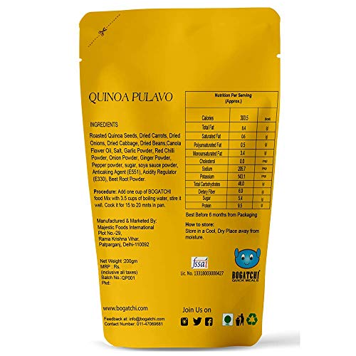 Image of BOGATCHI Quick Meals - Ready to Cook Healthy Quinoa PULAO - 200g , Ready to Eat Meal and Tasty Instant Meal, 100% Natural Ingredients, No Preservatives, No Artificial Flavours & Colours